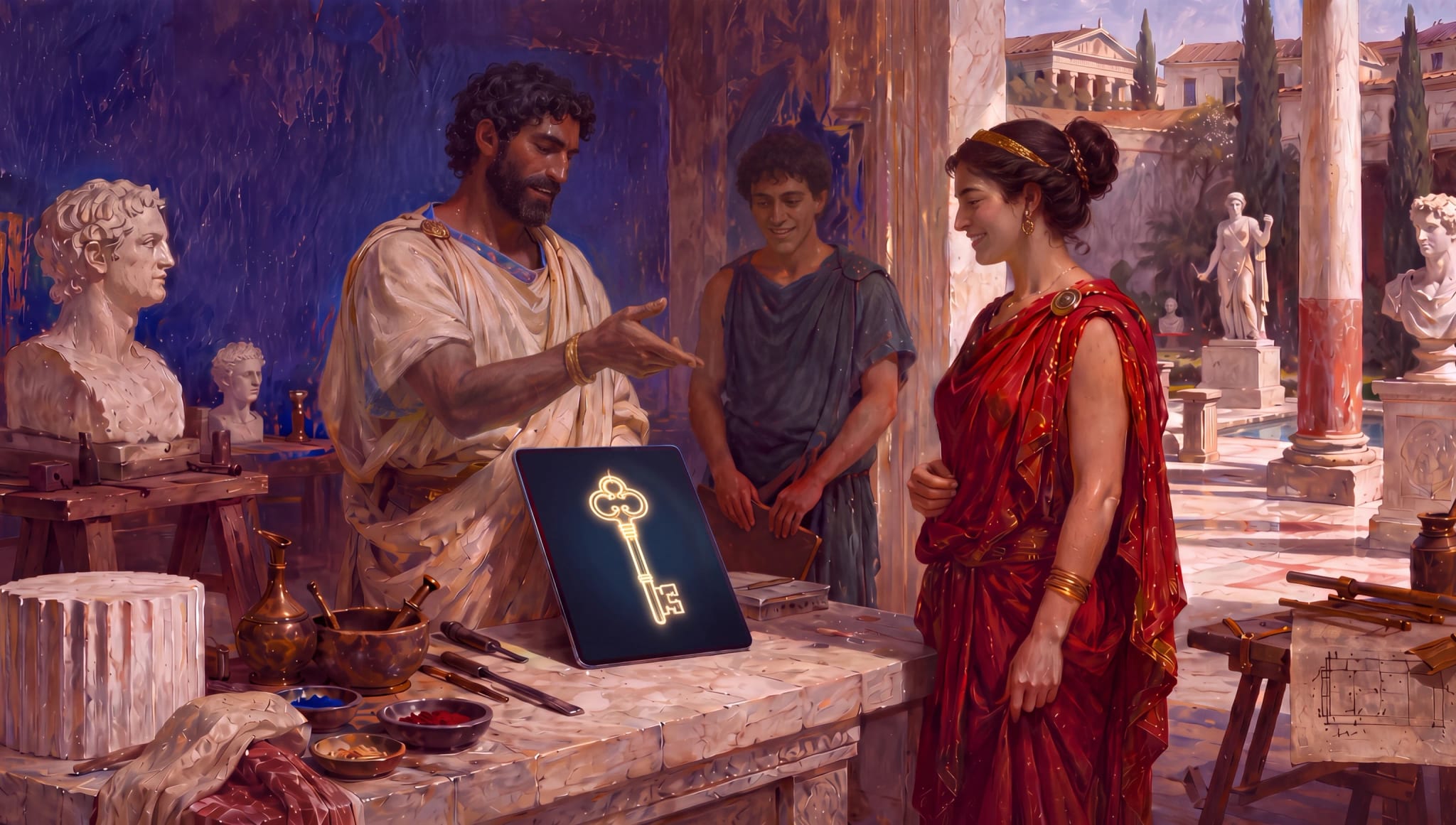A gouache Greco-Roman workshop: a master artisan passes a gilt calibration key beside a phone with a veiled screen.