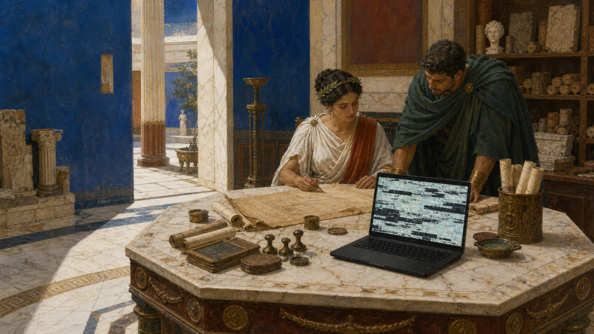 A gouache Roman cabinet of operations: ledgers, dividers and instruments on a working table beside a tablet whose screen is hidden behind an opaque veil.