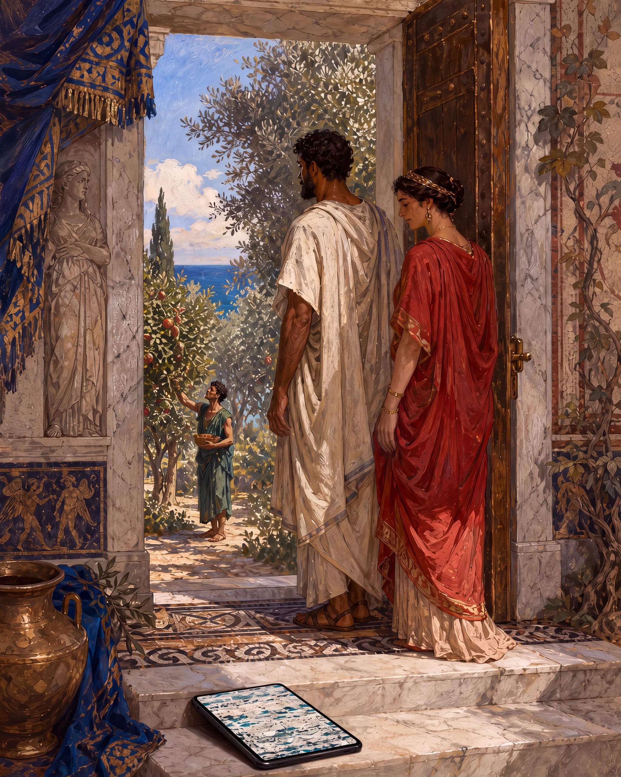 A gouache view through open cedar doors onto a Mediterranean orchard and colonnade at dusk.