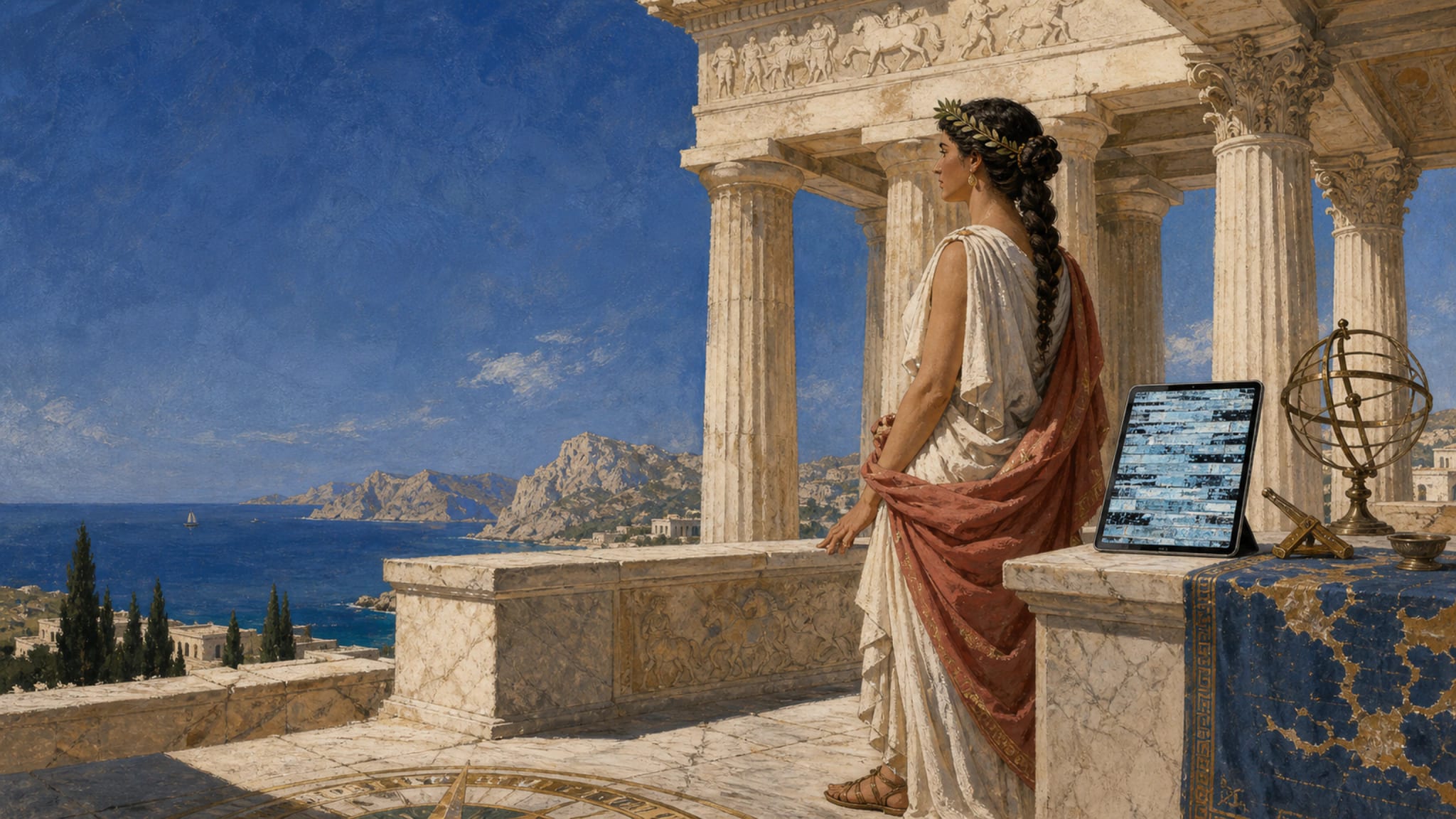 A Roman maritime observatory in gouache: a robed navigator studies a tablet whose screen is hidden behind an opaque veil.