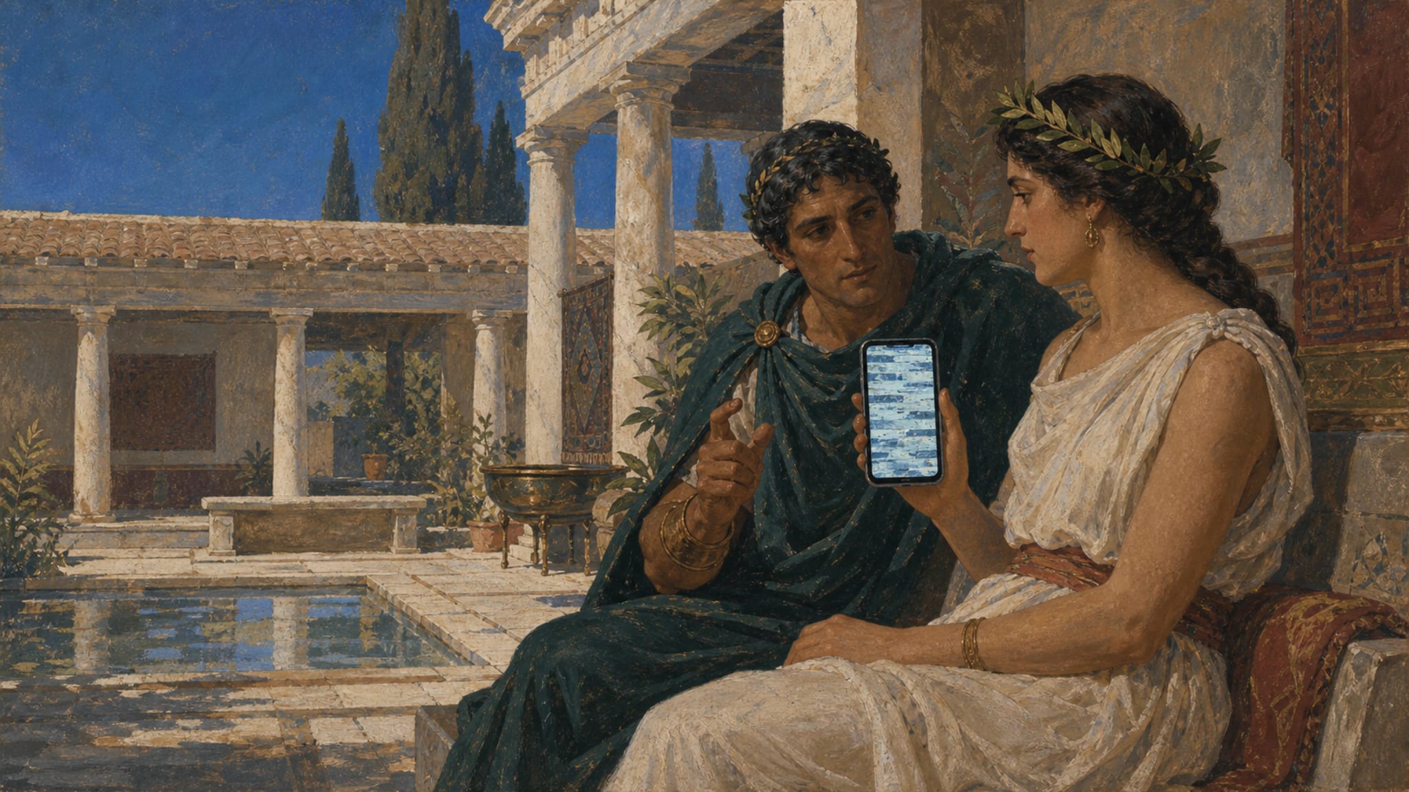 A gouache Roman exedra of voices: figures in period dress in conversation through devices whose screens are veiled.